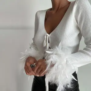 נשים אולטרה קצר סוודר מעיל 2022 סתיו נוצה ארוך שרוול סרוג יבול חולצות מוצק צבע סקסי קרדיגן חולצות 2283
