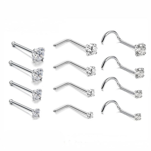 Stainless Steel Silver Plated 8mm <b>Nose</b> <b>Studs</b> Cubic Zirconia | <b>L</b>-<b>Shaped</b> Straight Curved Trendy <b>Nose</b> Piercing Jewelry | Jewelry - Product Image 1
