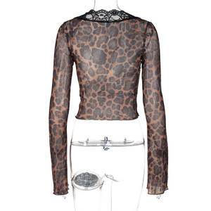 Blusas e Tops Femininos Transparentes de Manga Longa com Decote V, Renda e Estampa de Leopardo Estilo Y2K Sexy - Product Image 4