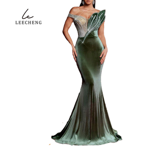 slim fit dress slacks Dark Green Off the Shoulder Velvet Long Sleeves Mermaid Long Bridesmaid  Dress with Slit main image 1