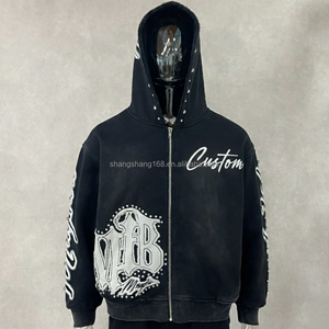 맞춤형 프렌치 테리 코튼 500gsm 헤비웨이트 스크린 프린트 애시드 워시 선 페이드 아플리케 패치 자수 라인스톤 남성 후디 - Product Image 2