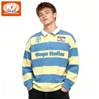 Polo de rugby rayé personnalisé 300g pour homme, coupe oversize, manches longues, streetwear, 100% coton, patch brodé, vêtements OEM