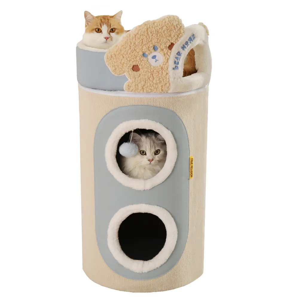 2022 nuovo arrivo Hoopet 3 Level Blue Cute Bear Barrel Cat Cave Bed House con Scratcher e palla penzolante