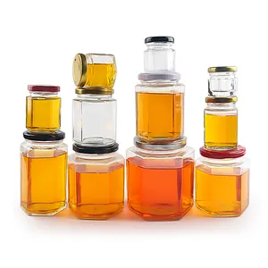 Transparent 45ml to 730ml hexagon glass container jar with metal lid for honey strawberry apricot jam