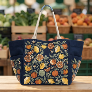 Bolsa de Compras Ecológica de Algodón con Estampado de Cítricos Azul Marino, Bolsa de Compras de Algodón con Asas Largas - Product Image 3