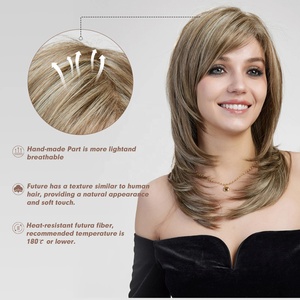 Long Straight Layered Lace Front <strong>Wig</strong> with Bangs Mixed Light Brown <strong>Monofilament</strong> <strong>Wigs</strong> for Women Daily Heat Resistant Futura Fiber - Product Image 3