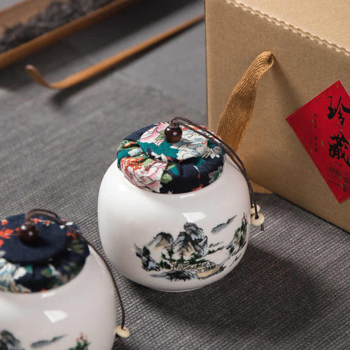 White Porcelain Tea Pot , Ceramic Small Tea Packaging Box, Sealed Double Cans With Wooden Cover