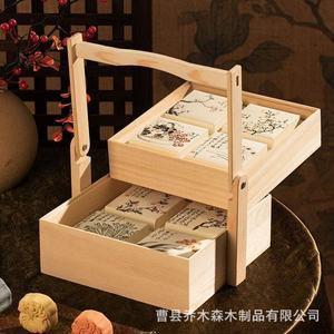 Caja de Regalo para Pasteles Lunares de Madera Maciza, Estilo Chino Tradicional, Caja de Almacenamiento Rectangular para Zongzi con Cuatro Compartimentos, Shandong - Product Image 4