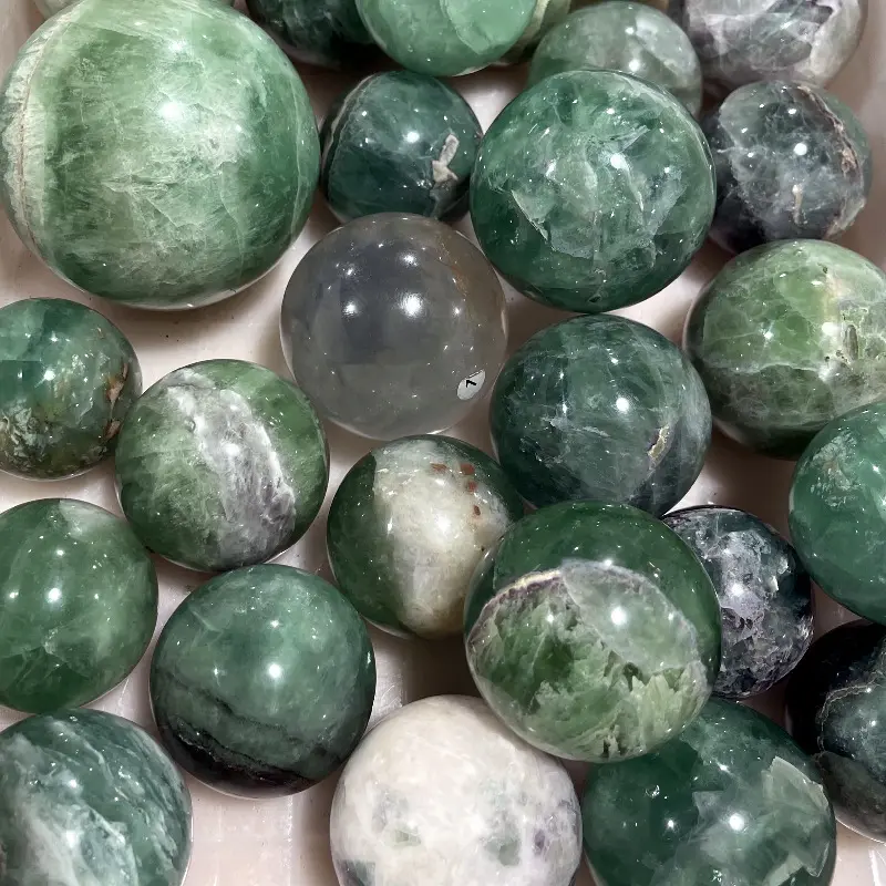Holesale Collection fengshui-esfera de cristal de energía de fluorita verde pulida, bolas de fluorita pulidas para Decoración
