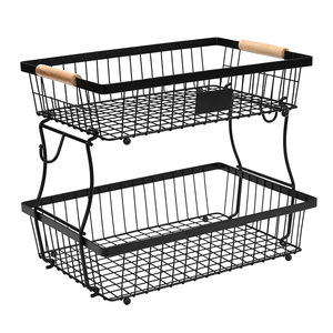 Double Layer Fruit And Vegetable Basket Black Rectangle Large Capacity Kitchen Storage Basket With Banana <b>Hook</b> Standing Type - Product Image 1