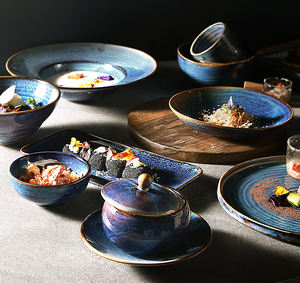 Service de table de restaurant en porcelaine, vaisselle en céramique artisanale, assiettes, tasses, vaisselle en grès, bol, vaisselle en céramique durable de couleur bleue - Product Image 4