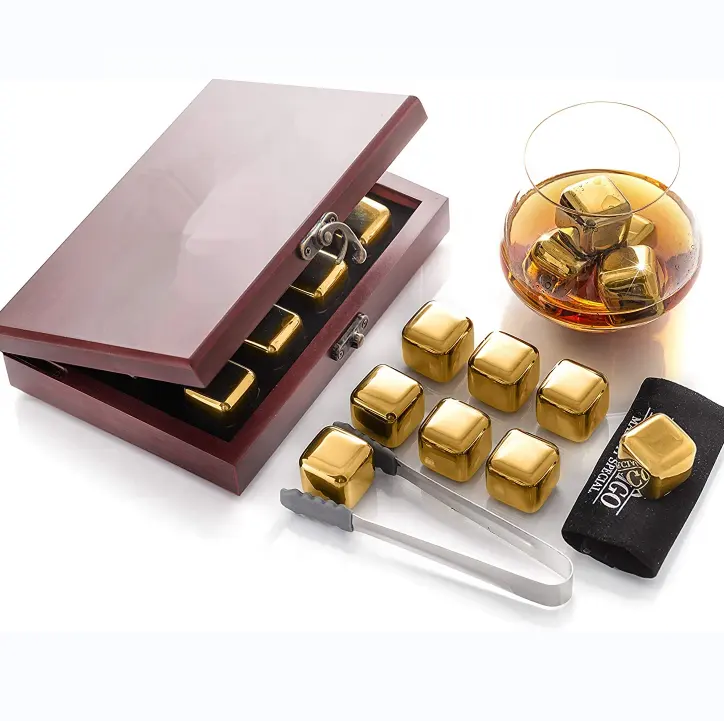 Ensemble de whisky couleur or, coffret cadeau en bois rouge, pierres de refroidissement, pierre en acier inoxydable, glaçons, pierres de refroidissement, pierres de Bourbon