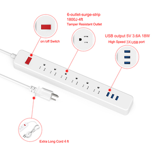 Regleta de Enchufes Estadounidense con 6 Tomas de Corriente y 3 Puertos USB, Protector de Sobretensión de Alta Resistencia de 15A 125V con Interruptor de Encendido/Apagado - Product Image 6