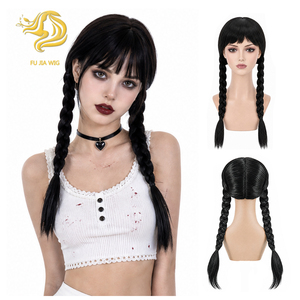 <span class=keywords><strong>Perruque</strong></span> Wednesday Addams noire à double tresses avec frange, <span class=keywords><strong>perruque</strong></span> synthétique pour Halloween et cosplay - Product Image 1