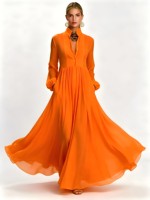 Gaun Panjang Wanita Kerah Tegak Lengan Panjang Polos Kancing Depan Lipit Mengembang Dengan Saku Samping Elegan Musim Semi Custom ODM/OEM