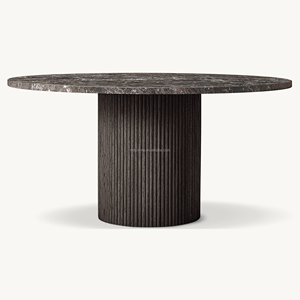 Mesa de Comedor Redonda de Roble Premium con Tapa de Mármol, Pedestal Cilíndrico Acanalado Moderno y Minimalista, Mesa de Banquete Artesanal para Hotel y Villa - Product Image 4