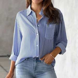 Blusa de Primavera/Verano con Cuello Polo, Estampado a Rayas, Manga Larga, Holgada, Informal, a la Moda, Combinable con Todo, Estilo Vintage y Elegante para Mujer - Product Image 1