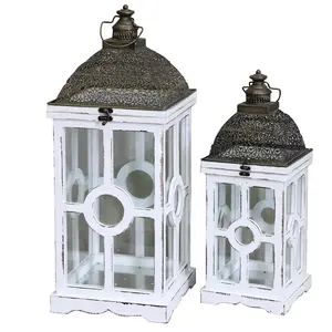 vintage white square wooden and metal lamps and lanterns in set