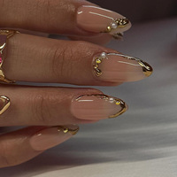 Ongles en acrylique à presser avec pointe française amande et motif ligne dorée, personnalisables, certifiés CE, lot de 24 pièces