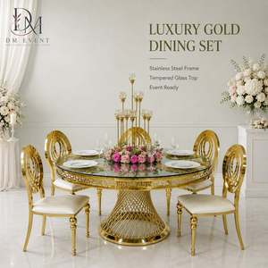 Table de banquet ronde sur mesure en acier inoxydable doré avec base en fil métallique et plateau en verre trempé miroir pour réceptions de mariage - Product Image 1