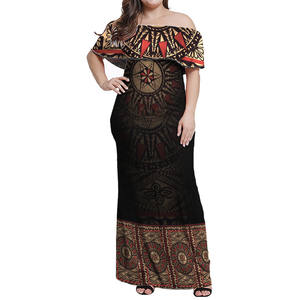Fiji, vestidos largos con hombros descubiertos, Fijian <span class=keywords><strong>Masi</strong></span> Tapa, patrón cómodo, vestido <span class=keywords><strong>Sexy</strong></span>, envío directo, falda de noche con volantes para banquete, MOQ bajo - Product Image 1