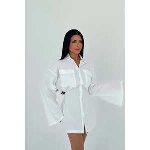 Robe chemise blanche élégante à col carré, avec décoration drapée et effet translucide, idéale pour les fêtes de jour et les vacances, tailles XS-XL, printemps-automne - Product Image 3
