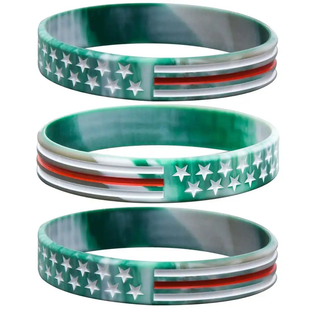 Camouflage Army Rubber Bracelets, Military Silicone Wristbands with American USA Flag in Army Green and Desert Camo for Army