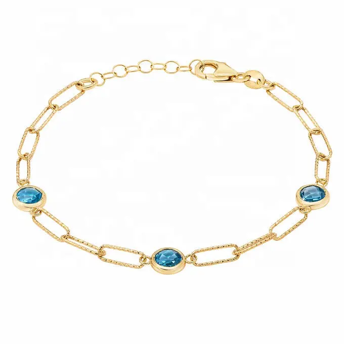 FirstMadam 14kt oro amarillo suizo azul Topacio Paperclip pulsera Simple mujer pulsera de oro