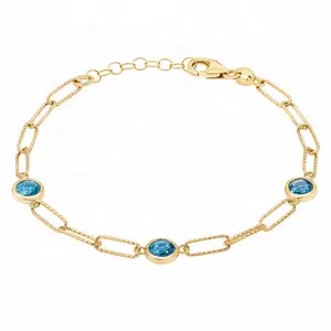 FirstMadam 14kt Yellow Gold Swiss Blue Topaz Paperclip Bracelet Simple Women Gold Bracelet