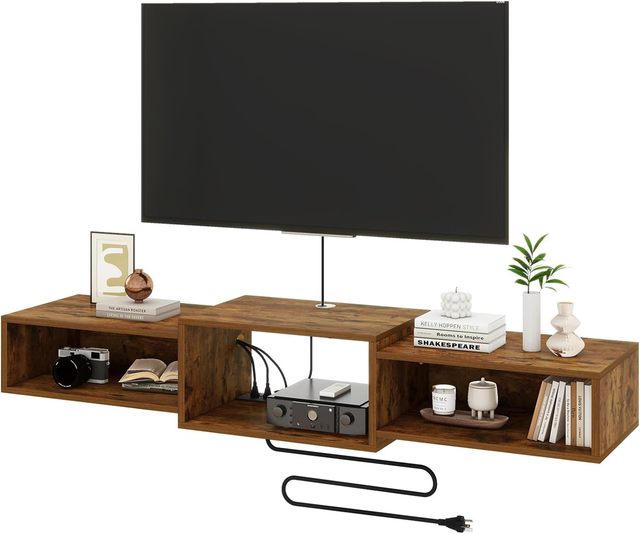 Wooden Wall-Mounted TV Stand with Power Outlet Floating Media Console Shelf for Living Room or Bedroom