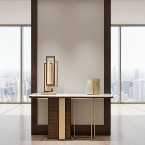 <span class=keywords><strong>Table</strong></span> <span class=keywords><strong>console</strong></span> asymétrique moderne de luxe léger |   <span class=keywords><strong>Table</strong></span> d'entrée en bois et acier inoxydable pour la décoration de l'entrée d'un bar à vin boutique - Product Image 6