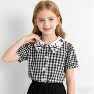 Camisa <span class=keywords><strong>Polo</strong></span> Infantil para <span class=keywords><strong>Niña</strong></span>, Estilo Vintage Dulce de Verano, con Botones al Frente, Cuello Peter Pan, Cuadros Blancos y Negros - Product Image 5