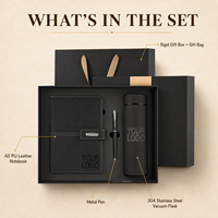 Coffrets cadeaux personnalisés avec logo, coffret cadeau d'entreprise de luxe, coffret promotionnel pour clients et employés, comprenant un carnet, un stylo et une gourde isotherme.