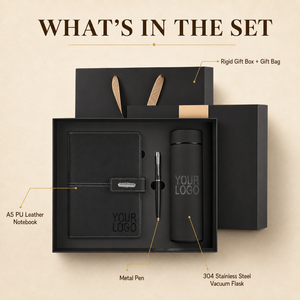 Coffrets cadeaux personnalisés avec logo, coffret cadeau d'entreprise de luxe, coffret promotionnel pour clients et employés, comprenant un carnet, un stylo et une gourde isotherme. - Product Image 2