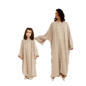 7090 OME new fashion dress jubah muslim women for kids abaya casual breathable 2 pieces solid color short sleeve family outfits