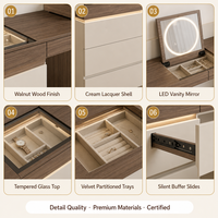 Coiffeuse moderne crème multi-niveaux avec armoire à bijoux, miroir LED, plateau en verre trempé et 6 tiroirs de rangement