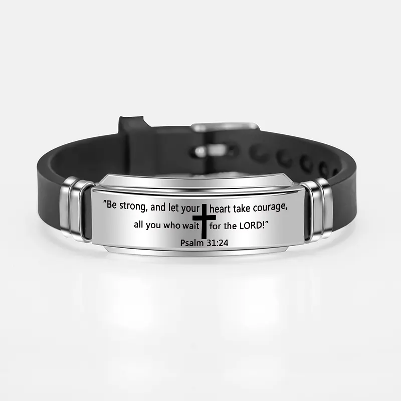 Bible Lord's Prayer Silicone Bracelets Stainless Steel Cross Scripture Men's Christian Bracelet