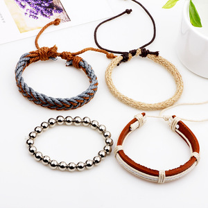 European American Style <b>Bracelet</b> Set Multi Layer Waxed Rope Hemp Leather Beaded <b>Ball</b> Design Fashion Jewelry Four Piece Set - Product Image 4
