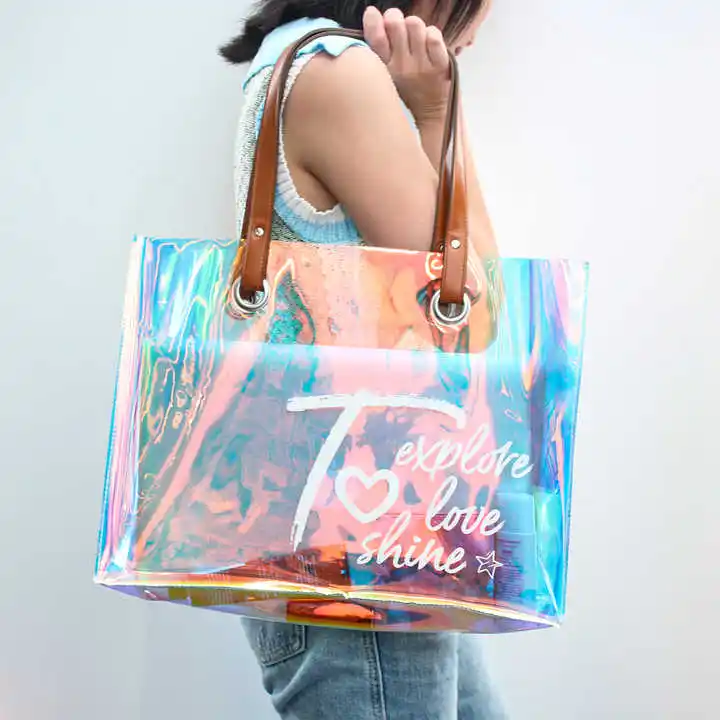 Tas belanja logo kustom tas jinjing tahan air PVC TPU tahan lama transparan hologram laser dapat dicuci