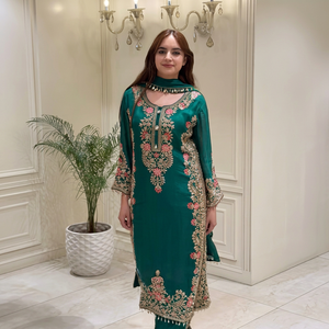 Ensemble de robe traditionnelle pour femmes, vert, en faux georgette épais, brodé, à séchage rapide, longueur cheville, pour les fêtes, Inde, Pakistan - Product Image 1
