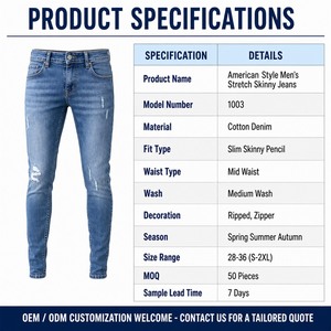 Pantalones Vaqueros Ajustados Elásticos de Estilo Americano para <span class=keywords><strong>Hombre</strong></span>, Cintura Media, Corte Lápiz, Casuales - Venta al por Mayor Directa de Fábrica, Servicio Personalizado OEM/ODM - Product Image 3