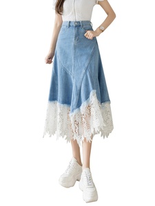 Wholesale 2026 Summer New Fashionable Mid Length High Waisted Slimming Pleated A-line Lace <strong>Patchwork</strong> Denim Women's <strong>Skirt</strong> - Product Image 6