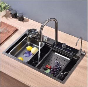 Évier de cuisine simple en acier inoxydable SUS304 avec robinet cascade à affichage numérique et éclairage, multifonctionnel pour le rinçage des verres - Product Image 5