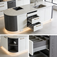Meubles de cuisine bicolores de style transitionnel avec îlot incurvé, finition noyer et éclairage LED d'ambiance