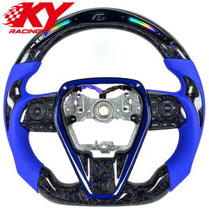 Volant personnalisé en cuir et fibre de carbone forgée bleue avec LED et palettes de changement de vitesse pour Toyota Camry Corolla Avalon 2018-2025 - Product Image 1