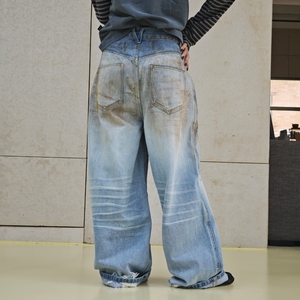 महिलाओं के लिए विंटेज चौड़े पैर की जींस उच्च कमर ढीली फिट अमेरिकी सड़क शैली व्यथित डेनिम पैंट - Product Image 4