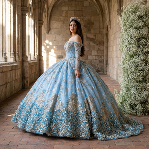 Vestido de Fiesta Azul Dulce Corazón Dy6974 con Apliques Elegantes, Bordados y Cuentas, de Gasa con Cintura Natural, Estilo México - Product Image 1