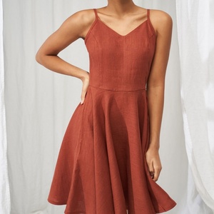 Vestidos de Lino Personalizados para Mujer, Cintura Alta, Corte Entallado, Cuello en V, Mini Vestidos Casuales - Product Image 3