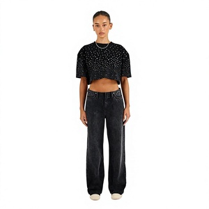 <b>Women</b> Boxy Fit Rhinestone <b>T</b> <b>Shirt</b> <b>Black</b> Short Sleeve Crop Top Sparkle Casual Streetwear Fashion Tee Custom Apparel - Product Image 3