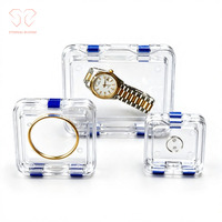 Boîte de présentation flottante transparente en PU 75x75x25mm pour bagues et montres, anti-poussière, avec couvercle à pression
